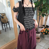 Ptik ヒッピーフリルバンディングジグザグオフショルダーTシャツ