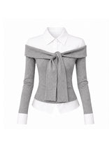 Ellie Off-Shoulder Tie Ribbed Knit Melange Grey