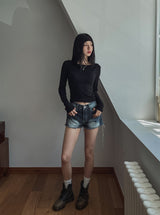 Watery washing vintage denim shorts