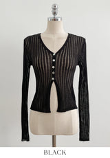 Hennua Half-Button See-Through Ribbed Cardigan