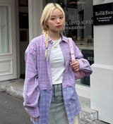 Crop Detachable Crease Check Shirt S167 Pale Pink Purple