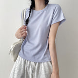 デイリー💭ベーシック スパンデックス Vネック ラウンドネック 半袖 Tシャツ(6 colors)