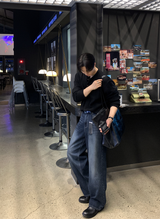 ルックイスティーデイリーリベッドモダルヘンリーネックニット