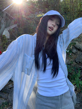 blue striped sun-cut loose-fit shirt