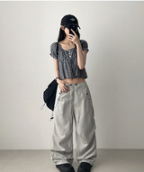 Checkered Ruffle Square Button Short Sleeve Blouse
