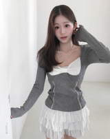 sheer white line heart-neck top