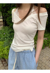 ホワイトレースホルターレイヤードショートスリーブTシャツ