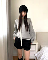 Mebin Lip-Neck Color-Block One-Off-Shoulder Wool Long-Sleeve Knit