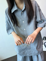 Logi Striped Linen Balloon Short Sleeve Shirt 2color
