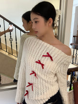 赤いリボンオフショルダー長袖ニットウェア