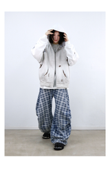 RELABEL (Gemeng) Flower Bud Balloon Check Print Draped Loose-Fit Crinkled Gradient Washed Denim Trousers