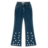 DARK BLUE EMBROIDERED SPANDEX BOOTCUT DENIM PANTS code 18315