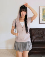 [SHORT SLEEVE/MADE] Tibot Vintage Button V-Neck Ribbed Hooded Sweatshirt