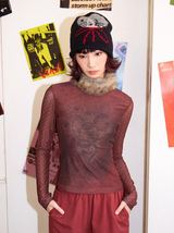 Detachable fur collar long-sleeved T-shirt with patchwork design