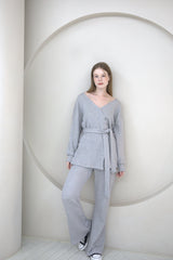 Offshoulder Wrap Strap Cardigan Gray