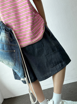 Deep Double Knee Non-Faded Raw Denim Rivet Mini Bermuda  2 Colors 