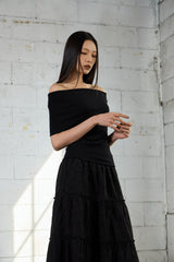 ドレープ オフショルダー Tシャツ-ブラック