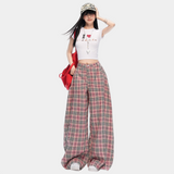 ピンクチェック ワイドレッグストレートパンツ