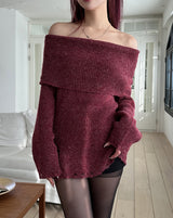 [Wool 25%] カエダメージオフショルダーニット