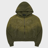 Applique Bleach Washing Crop Hoodie Zip Up Khaki