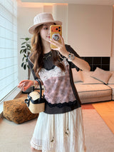 レースフリップレイヤードフェイクツーピースTシャツ
