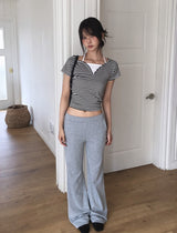 Isho Fake Layered Halter Stripe Button Short Sleeve T-shirt