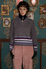 ALPACA STRIPE KNIT POLO SHIRT / CHARCOAL