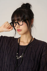 ケーブルウォッシング半袖ニット - Navy