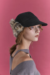 FUR EARFLAP CAP IN BLACK LEOPARD