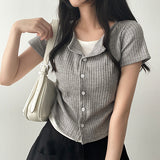 Dove Side Shirring Pleated Layered Snap Short-Sleeved Cardigan T-Shirt