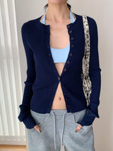 Chewing Ribbed Button Round Neck Long Sleeve Cardigan