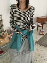 Wish Stripe U-Neck Long-Sleeve T-Shirt (6c)