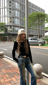 バックシースルーレース長袖Tシャツ