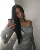 Rine Ribbed V-Neck Sheer Long Sleeve T-Shirt