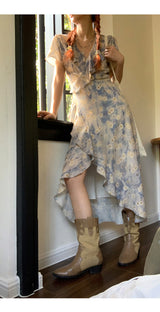 French flower shirring wrap dress