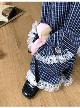 sillysis 青いチェック柄のレースドローストリングポケットパンツ、ゆったりデザイン、金属ボタン、ワイドレッグカジュアルパンツ