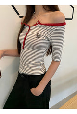 Red Line Stripe Off-Shoulder Top