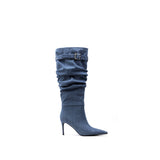 Colorful Bridge | Water Washed Denim Long Pile Boots, Fashion High Heeled Women's Denim Boots