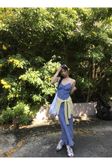 blue floral sleeveless chiffon long dress
