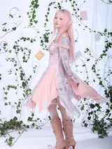 Rosé Isle オールドファッションレタービンテージプリンティドストレッチメッシュドレス ウィズオフショルダーイレギュラースプライストヘム