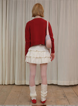 rirri 100% Merino Wool Jacquard Cropped Zipper Cardigan in Brightening Scarlet