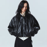 WRINKLE CROP VARSITY LEATHER JUMPER_BLACK