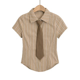 Striped Short-Sleeve Shirt with Tie