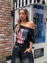 アメリカンヴィンテージプリントオフショルダーショートスリーブ