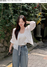 #Autumn Lace Ribbon Long Sleeve Blouse (2color)