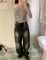Ribbon Strap One Shoulder Slim T-Shirt (3color)
