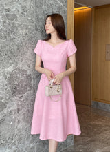 Sebit Heart-Neck Tulip Tweed Flared Long One Piece