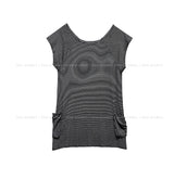 アキュ ストライプ ピンタック ポケット ショートスリーブ