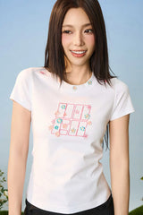 フローラルエンブロイダードスリムTシャツ