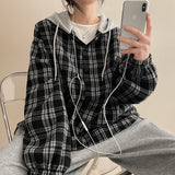 ロンティレイヤードフード付きチェックシャツ
